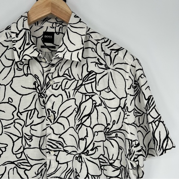 Hugo Boss Linen Black and White Floral Sketch RASH Shirt Large - Picture 2 of 15